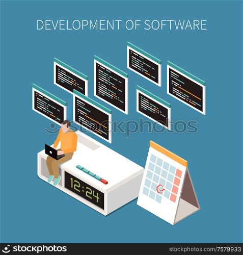 Programming operations concept with settings and service symbols isometric vector illustration