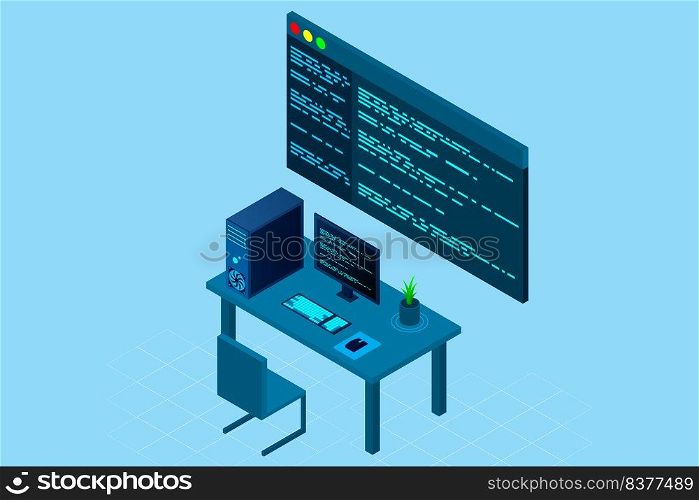 Programming or Software development web pa≥template. Vector illustration with laptop isometric view and program code on screen. Programming concept. vector illustration