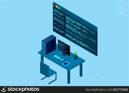 Programming or Software development web pa≥template. Vector illustration with laptop isometric view and program code on screen. Programming concept. vector illustration