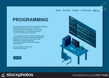 Programming or Software development web page template. Vector illustration with laptop isometric view and program code on screen. Programming concept. vector illustration