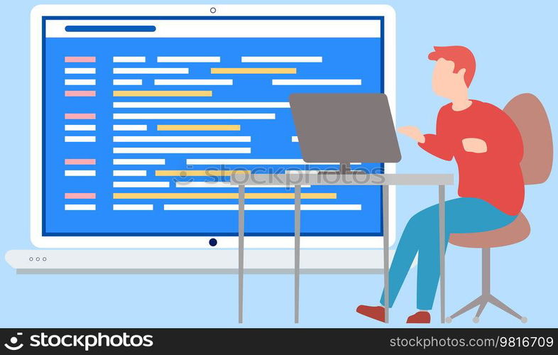Programming process of creating computer programs, coding, programmer at work with task sitting at computer typing text. Programming skills concept, web engineer. Development of coding technologies. Programming process of creating computer programs, coding, programmer at work with computer