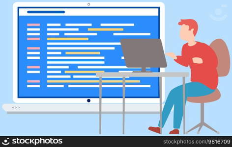 Programming process of creating computer programs, coding, programmer at work with task sitting at computer typing text. Programming skills concept, web engineer. Development of coding technologies. Programming process of creating computer programs, coding, programmer at work with computer