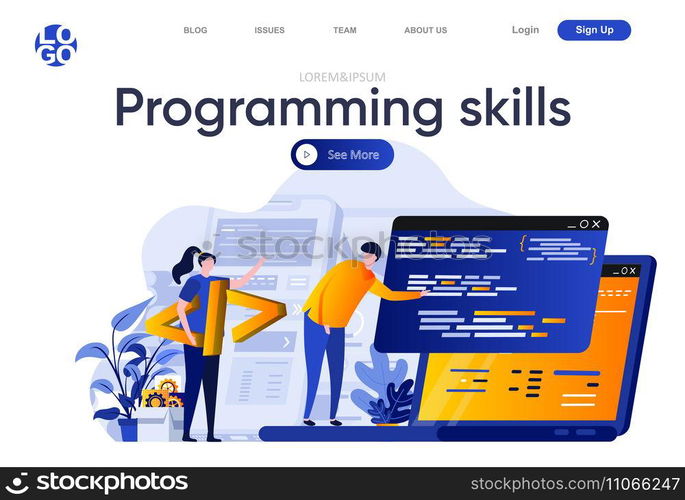 Programming skills flat landing page. Developers team creating, testing and programming computer application vector illustration. Software development web page composition with people characters.