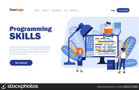 Programming skills vector landing page template with header. Software development web banner, homepage design with flat illustrations. Programmers cartoon characters. Web coding concept