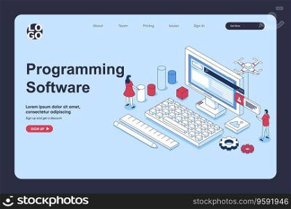 Programming software concept in 3d isometric design for landing page template. People prototyping products and working with code, testing and making optimization programs. Vector illustration for web