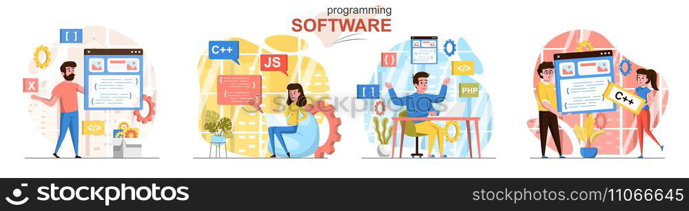Programming software concept scenes set. Developers code in different programming languages, create app interface. Collection of people activities. Vector illustration of characters in flat design