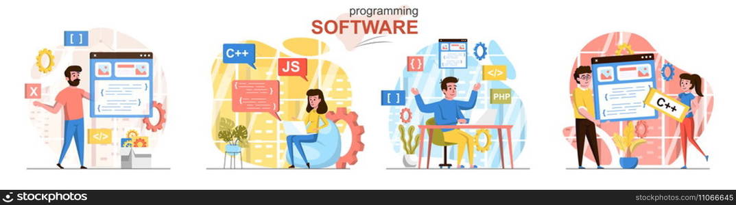 Programming software concept scenes set. Developers code in different programming languages, create app interface. Collection of people activities. Vector illustration of characters in flat design