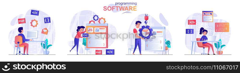 Programming software concept scenes set. Developers create software, different programming languages, test product. Collection of people activities. Vector illustration of characters in flat design
