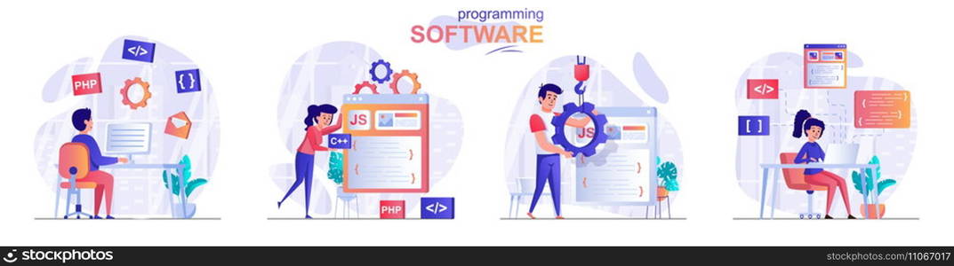 Programming software concept scenes set. Developers create software, different programming languages, test product. Collection of people activities. Vector illustration of characters in flat design