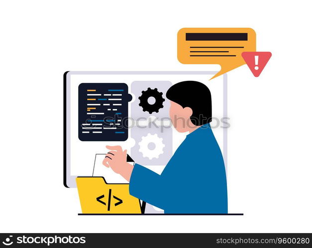 Programming software concept with character situation. Man working with code part, fixing bugs and testing, technical support process. Vector illustration with people scene in flat design for web