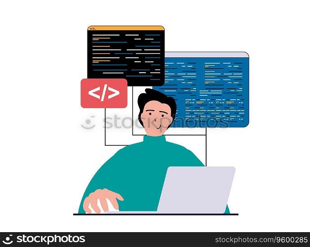 Programming software concept with character situation. Man working with program code at laptop, testing scripts and engineering process. Vector illustration with people scene in flat design for web