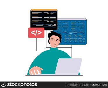 Programming software concept with character situation. Man working with program code at laptop, testing scripts and engineering process. Vector illustration with people scene in flat design for web