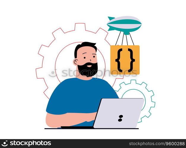 Programming software concept with character situation. Man working with program code on laptop, fixing bugs, testing and optimization. Vector illustration with people scene in flat design for web