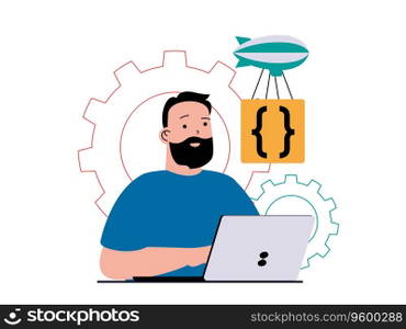 Programming software concept with character situation. Man working with program code on laptop, fixing bugs, testing and optimization. Vector illustration with people scene in flat design for web