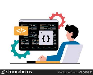 Programming software concept with character situation. Man works at computer and writes code, creates and optimizes pages and programs. Vector illustration with people scene in flat design for web