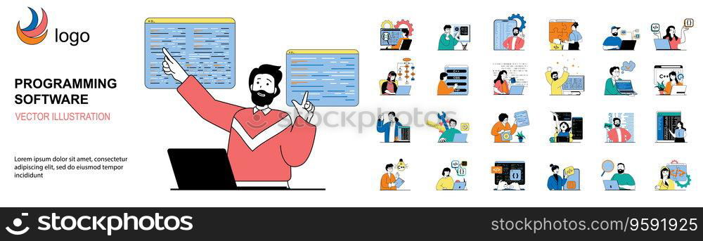 Programming software concept with character situations mega set. Bundle of scenes people working with program code, engineering applications, making scripts. Vector illustrations in flat web design