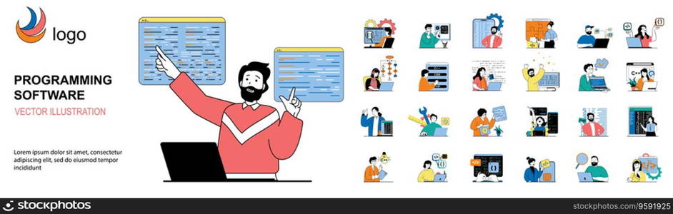 Programming software concept with character situations mega set. Bundle of scenes people working with program code, engineering applications, making scripts. Vector illustrations in flat web design