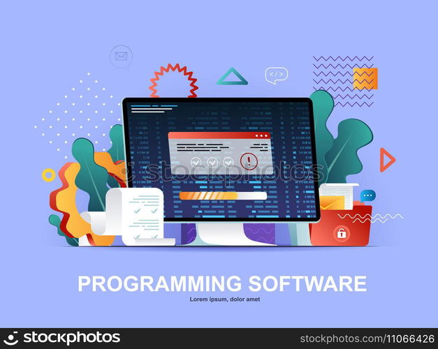 Programming software flat concept with gradients. Full stack software development, engineering, programming and testing web template. 3d composition, outsourcing company service vector illustration.. Programming software flat concept with gradients.