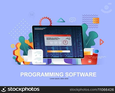 Programming software flat concept with gradients. Full stack software development, engineering, programming and testing web template. 3d composition, outsourcing company service vector illustration.. Programming software flat concept with gradients.