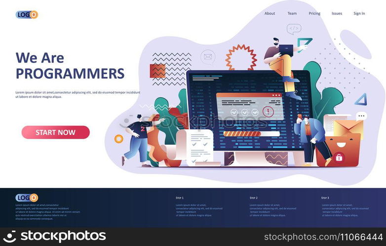 Programming software flat landing page template. Full stack software development, engineering, programming and testing web banner. 3d composition, outsourcing company. Web page vector illustration.