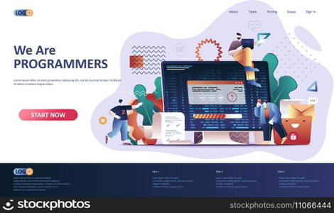 Programming software flat landing page template. Full stack software development, engineering, programming and testing web banner. 3d composition, outsourcing company. Web page vector illustration.