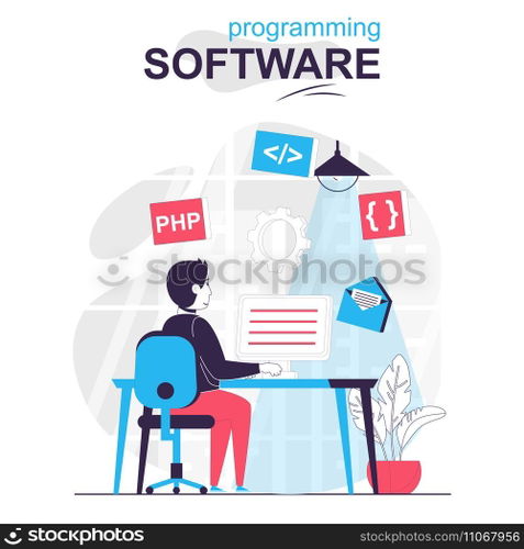 Programming software isolated cartoon concept. Developer programs in php language at computer people scene in flat design. Vector illustration for blogging, website, mobile app, promotional materials.