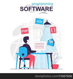 Programming software isolated cartoon concept. Developer programs in php language at computer people scene in flat design. Vector illustration for blogging, website, mobile app, promotional materials.