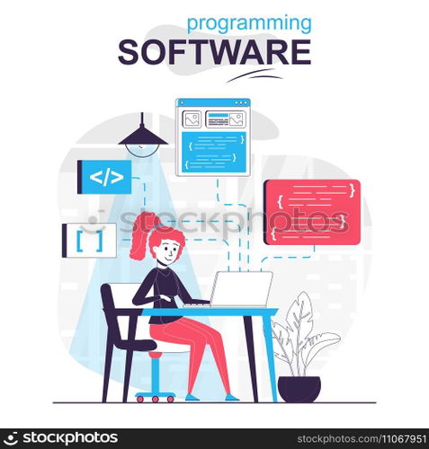 Programming software isolated cartoon concept. Developer writes and optimizes code project, people scene in flat design. Vector illustration for blogging, website, mobile app, promotional materials.