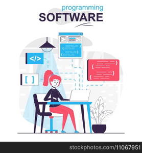Programming software isolated cartoon concept. Developer writes and optimizes code project, people scene in flat design. Vector illustration for blogging, website, mobile app, promotional materials.