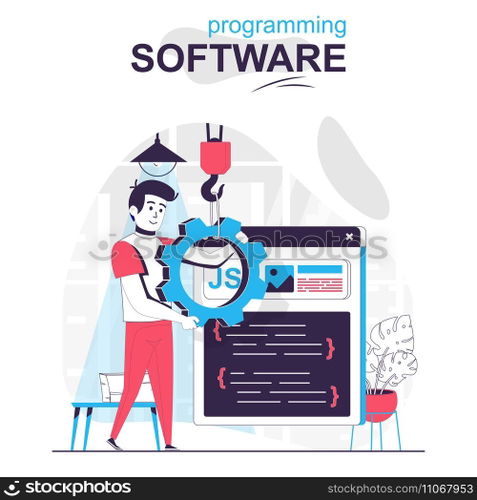 Programming software isolated cartoon concept. Programmer configures program, writes code, people scene in flat design. Vector illustration for blogging, website, mobile app, promotional materials.
