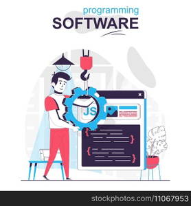 Programming software isolated cartoon concept. Programmer configures program, writes code, people scene in flat design. Vector illustration for blogging, website, mobile app, promotional materials.