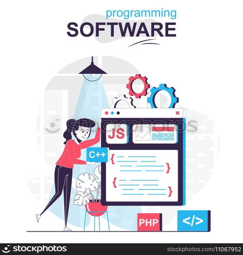 Programming software isolated cartoon concept. Programmer works on code, programs and tests, people scene in flat design. Vector illustration for blogging, website, mobile app, promotional materials.