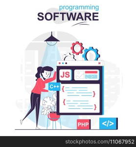 Programming software isolated cartoon concept. Programmer works on code, programs and tests, people scene in flat design. Vector illustration for blogging, website, mobile app, promotional materials.