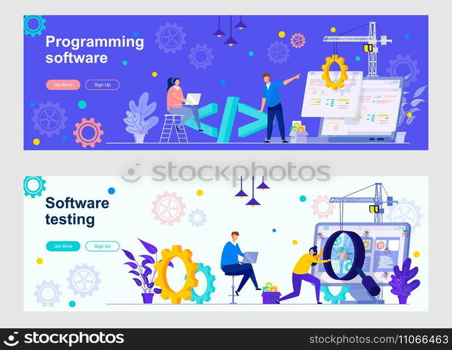 Programming software landing page with people characters. Program debugging and optimization web banners set. Application development and testing vector illustration great for social media cover.