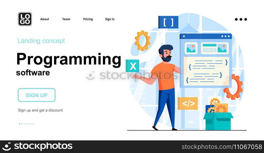 Programming software web concept. Developer creates interface of application, program or website. Template of people scenes. Vector illustration with character activities in flat design for website