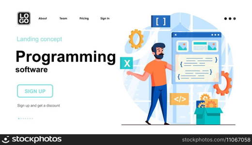Programming software web concept. Developer creates interface of application, program or website. Template of people scenes. Vector illustration with character activities in flat design for website