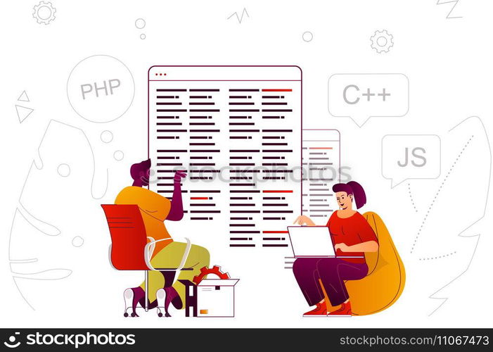 Programming software web concept. Developers create programs and applications. People scene with flat line characters design for website. Vector illustration for social media promotional materials