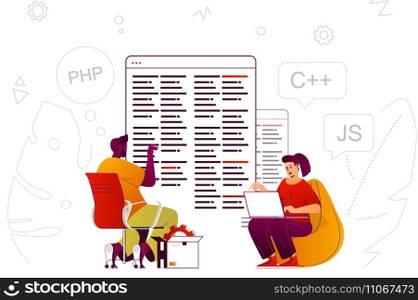 Programming software web concept. Developers create programs and applications. People scene with flat line characters design for website. Vector illustration for social media promotional materials