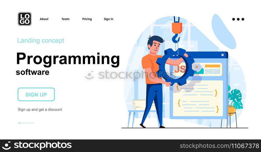 Programming software web concept. Man configures program, develops code, creates app interface. Template of people scene. Vector illustration with character activities in flat design for website