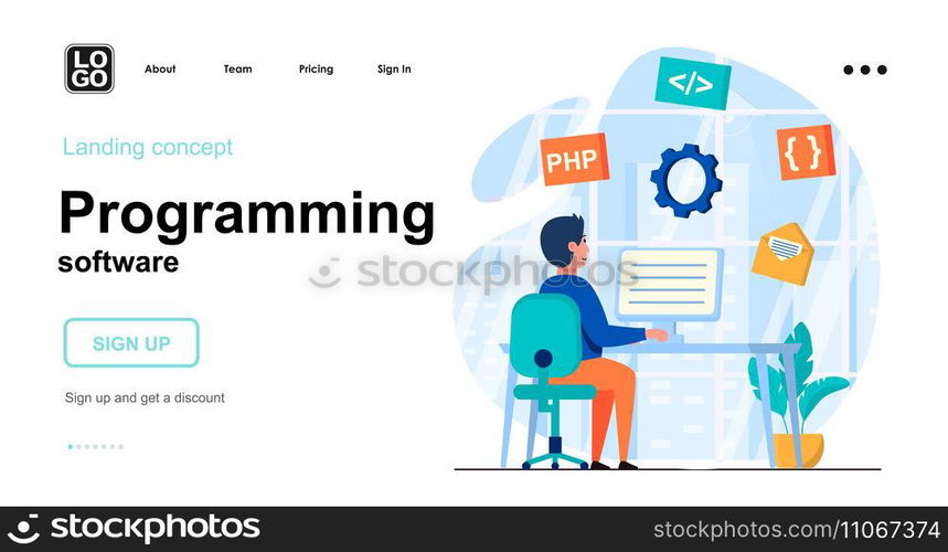 Programming software web concept. Programmer develops application, coding code, work on computer. Template of people scene. Vector illustration with character activities in flat design for website