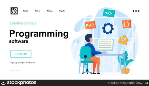 Programming software web concept. Programmer develops application, coding code, work on computer. Template of people scene. Vector illustration with character activities in flat design for website