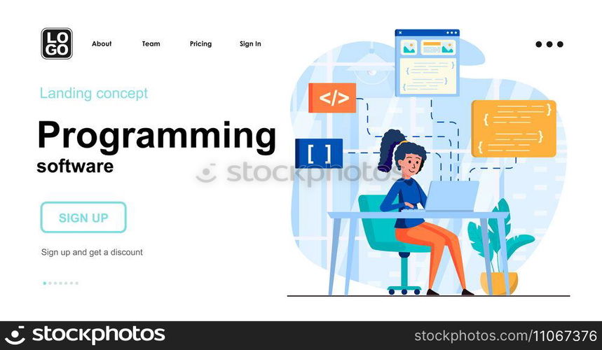 Programming software web concept. Woman coding code, programs in different programming languages. Template of people scene. Vector illustration with character activities in flat design for website