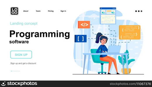 Programming software web concept. Woman coding code, programs in different programming languages. Template of people scene. Vector illustration with character activities in flat design for website