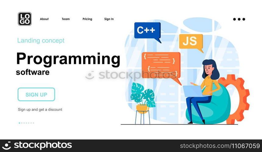 Programming software web concept. Woman developer coding code in different programming languages. Template of people scenes. Vector illustration with character activities in flat design for website