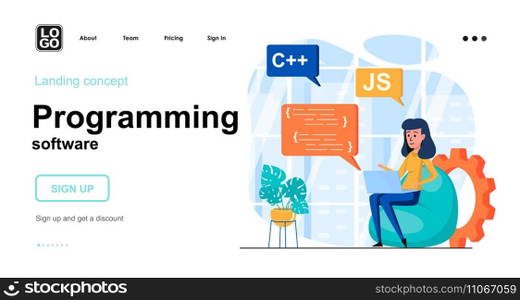 Programming software web concept. Woman developer coding code in different programming languages. Template of people scenes. Vector illustration with character activities in flat design for website