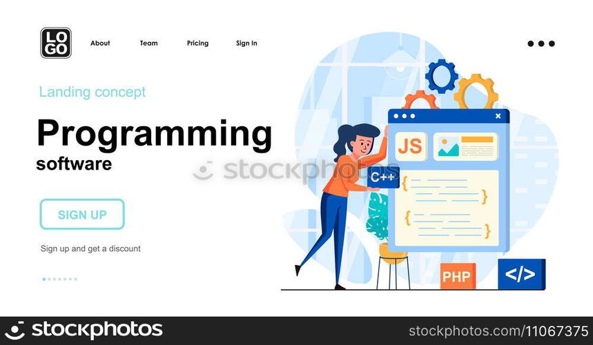 Programming software web concept. Woman develops layout of program, creates application interface. Template of people scene. Vector illustration with character activities in flat design for website