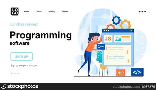 Programming software web concept. Woman develops layout of program, creates application interface. Template of people scene. Vector illustration with character activities in flat design for website
