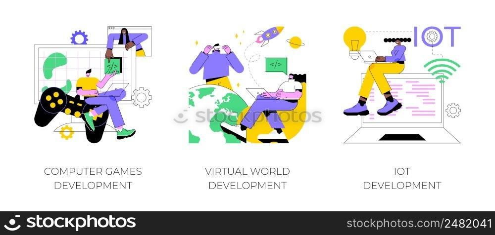 Programming team abstract concept vector illustration set. Computer games, virtual world and IoT development, VR graphic design, testing and deployment, Internet of things abstract metaphor.. Programming team abstract concept vector illustrations.