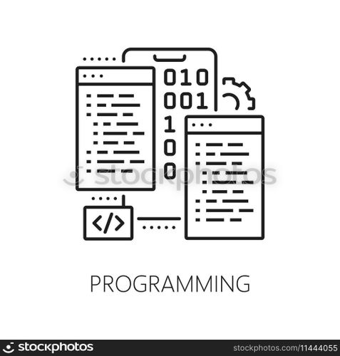 Programming, web app develop and optimization icon for software engineering technology, line vector. Computer software, mobile app and website UI or UX framework programming and coding icon. Programming, web app develop and optimization icon