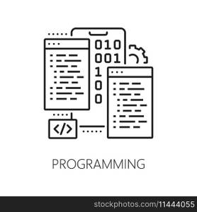 Programming, web app develop and optimization icon for software engineering technology, line vector. Computer software, mobile app and website UI or UX framework programming and coding icon. Programming, web app develop and optimization icon